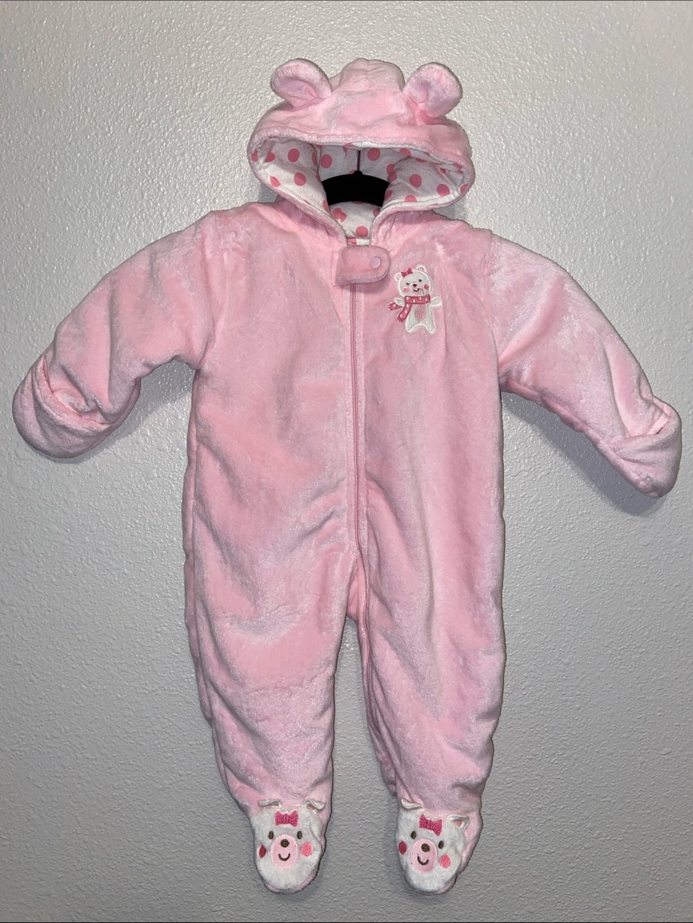 Carter's Plush Pink Hooded Bear Footed One-Piece